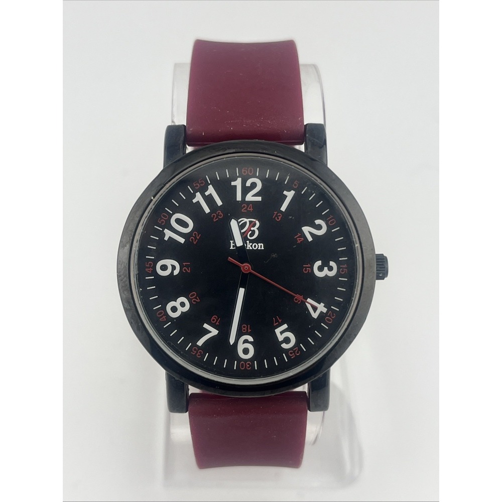Blekon Watch Men 38mm Black Case Maroon Silicone Band- New Battery